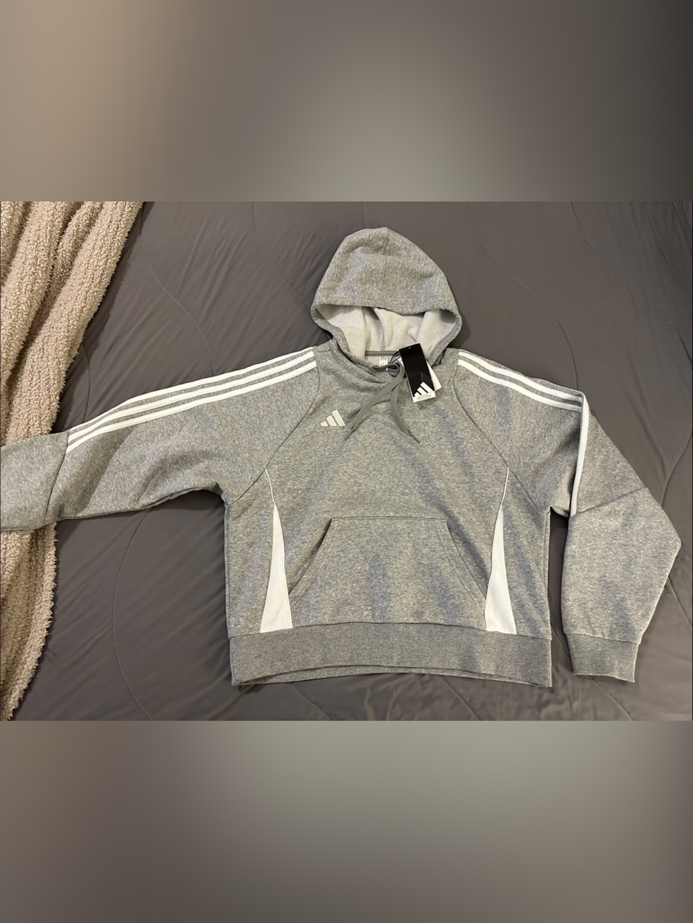 adidas Heather Gray Hoodie with White Stripe Accents